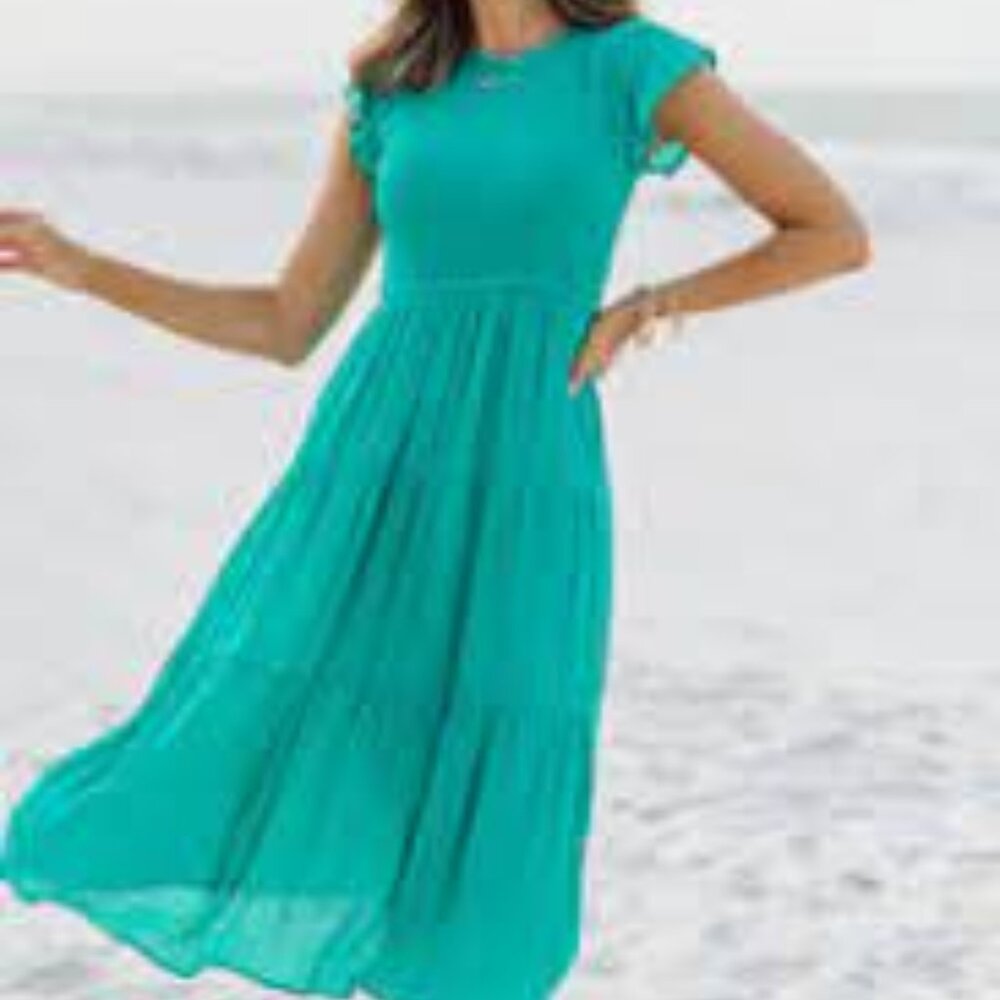 Patpat Ruffle Sleeve Lace Top Tiered Midi Dress Green Size Medium
